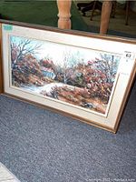 Full view of framed and matted acrylic landscape painting on board depicting rural autumn scene.