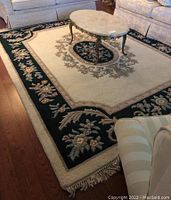 Full view of rug in living room setting under coffee table and furniture
