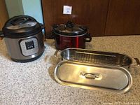 Photo showing Instant Pot, red Crock Pot, and stainless steel oval fish poacher with lid and rack on carpet