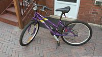 Side angle of purple Next Challenger bike on brick patio showing frame, tires, seat, and handlebar