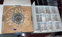 Marquis Waterford 11-inch footed cake plate in original box and Godinger Shannon Crystal 12-piece Dublin double old fashioned glasses in box with dividers.