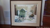 Framed painting of green barn with horse in snowy rural scene, soft neutral and muted colors