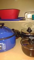 Blue Nesco Roast-Air Oven 6, two T-Fal pans with glass lids, Pyrex amber saucepan, red baking pan, and metal roaster visible on shelf.