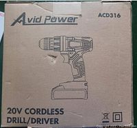 Box of Avid Power 20V cordless drill/driver with model ACD316 printed on it, showing brand and product illustration.