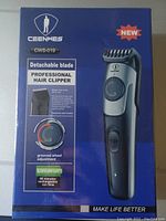 Front view of the CEENWES CWS-019 Hair Clipper box showing features like detachable blade, professional use, grooved wheel adjustment, and 60 minutes rechargeable runtime.