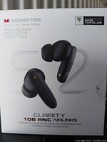 Front of retail box showing two black wireless earbuds, product name and active noise cancelling feature.