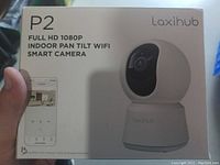 Front of box showing P2 Laxihub Full HD 1080p indoor pan tilt WiFi smart camera branding and product image