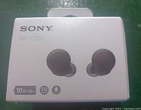Photo of the front of the Sony WF-C500 wireless earbuds retail box showing brand, model, and main product features.