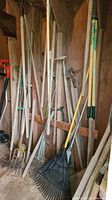Photo showing multiple wooden-handled garden tools hanging on shed wall including rakes, hoes, pick axe, post hole digger, and forks.
