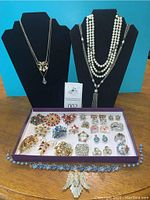 Overview of full lot showing necklaces on display busts and tray of brooches and earrings