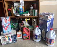 Full view of lot showing various cleaning supplies and gardening products including spray bottles, bleach sprayers, cleaner jugs, and chemical cans