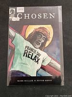 Front cover of Chosen #1 comic book showing crucified man illustration with 'Frankie Say Relax' t-shirt and halo.