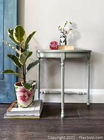 Full view of small gray side table next to a dark blue door and a potted plant resting on stacked books.