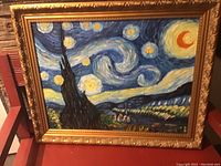 Frontal image of the framed reproduction painting of Starry Night showing the detailed texture and vibrant colors.