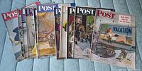 Eight Saturday Evening Post magazines from 1948 spread out showing colorful illustrated covers