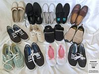 Overview of all 13 pairs of women's casual shoes size 8 arranged in a grid, showing various styles and colors including sneakers, loafers, slippers, and slip-ons.