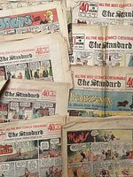 Collection of newspaper comics folded and stacked, showing masthead 'The Standard' and color comic panels including Betty Boop and Tarzan titles, with visible signs of wear and folding.