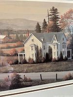 Close-up of the lithograph showing the rural white farmhouse, surrounding autumn foliage, and distant landscape with muted fall colors.
