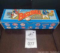 Closed blue box of 1989 Donruss Baseball Puzzle & Cards set showing front and side artwork with baseball player illustrations and MLB logos.