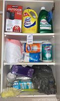 Shelves with various full or mostly full cleaning supplies including Kirkland Outdoor Trash Bags, Lysol cleaner, Cascade dishwashing liquid, Clorox wipes, Kleenex tissue box and other items