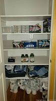 Full view of pantry shelves showing storage bins, boxed LED bulbs, gloves, vitamin bottles, assorted items, and rolls of toilet paper on lower shelf.