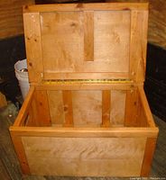 Front view of open oak trunk showing interior and brass hinge.