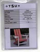 Photo of specification sheet showing collection name Fraser, item reference C2WW0084-02, Adirondack 2-T Color, material Techwood HDPE, dimensions 29 x 31.5 x 38 inches with small product photo.