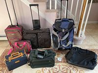 Wide shot showing all luggage and travel bags: leopard print luggage set with wheels and carry on, black Samsonite garment bag, Ricardo duffle, Andiamo tote, Atlantic carry on, London Fog cosmetic bag, and a green soft travel bag.