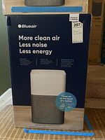 Front of Blueair air purifier box showing model and usage information with image of the purifier.