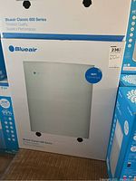 Front of sealed retail box showing Blueair Classic 600 Series unit illustration and WiFi Connected badge