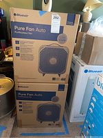 Two boxed Blueair Pure Fan Auto fans stacked in a room with other household items. Boxes are sealed and display branding and product info.