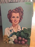 Full view of vintage original commercial painting on board showing woman holding vegetables.