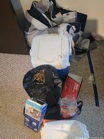 Photo showing the lot contents including rolled air mattress, pump, cooler, Coleman bag, picnic blanket, and other small items on the carpeted floor.