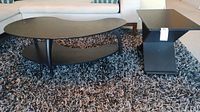 Photo showing both the Dania black bean-shaped coffee table and the black side table placed on a shaggy carpet in front of a sofa.