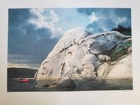 Full view of the watercolour print showing a rocky shoreline with a red canoe on the water beneath a cloudy sky.