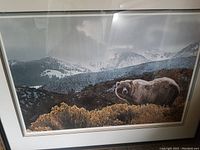 Framed giclee print showing a grizzly bear in a mountain landscape with autumnal foreground and snowy peaks in the background.