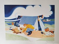 Full view of the Rie Munoz print depicting a camping scene by the water with a person building a fire and a boat visible in the background.