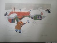 Full view of the print showing winter snow scene with figure shoveling in front of a snow-covered house with colorful windows and roof.