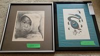 Two framed indigenous artworks side by side, labeled with measurements 7x8 and 6x9