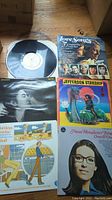 Photo showing vinyl record loose with label visible and five album covers: Love Songs of the 70's and 80's, Jefferson Starship, Nana Mouskouri, Cat Stevens, unknown woman's profile.