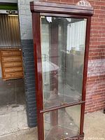 Full view of the corner curio cabinet showing wooden frame, glass door and sides, and overall tall, narrow profile.