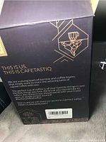 Box packaging with Cafestastiq branding and product description on side.