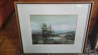 Framed watercolour painting shown whole, depicting landscape with trees, water and hills.