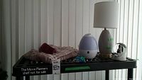 Photo showing all items together on shelf: table lamp, humidifier, snow globe, pink blanket, glass dolphin figurine, nightlight
