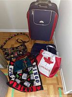 Haokai carry-on suitcase standing upright with five assorted purses and bags on the floor in front of it.