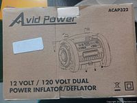 Photo of brown cardboard box for Avid Power dual voltage 12V / 120V inflator/deflator unit model ACAP322
