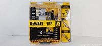 Clear photo of the DeWalt 35 piece MaxFit screwdriver bit set in yellow and black plastic case with original retail packaging.