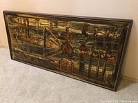 Full view of framed rectangular metal wall art showing abstract acid-etched design