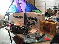 Overall lot display showing drones, Signaler box, snorkel, kite