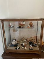 Full view of wooden and glass display case filled with dolls